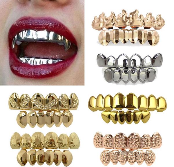 

18k real gold braces punk hip hop teeth grillz dental mouth fang grills up bottom tooth cap cosplay party rapper jewelry gifts oh2ue, Black
