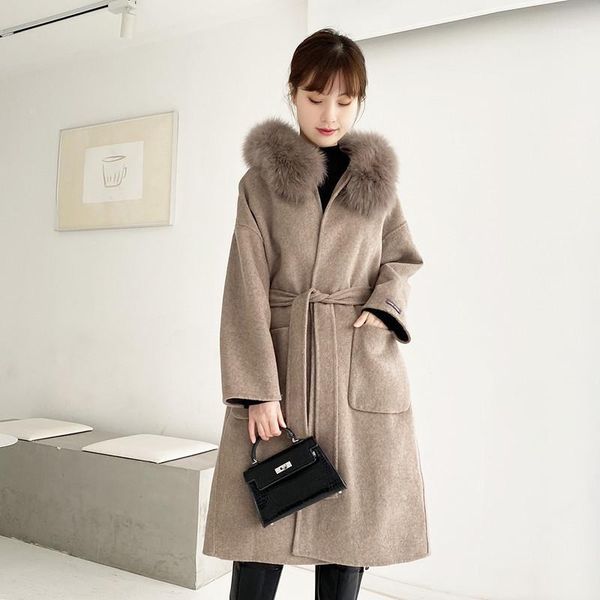 

boutique autumn and winter 2021 new super big wool collar double faced cashmere coat wool cloth medium length coat1, Black
