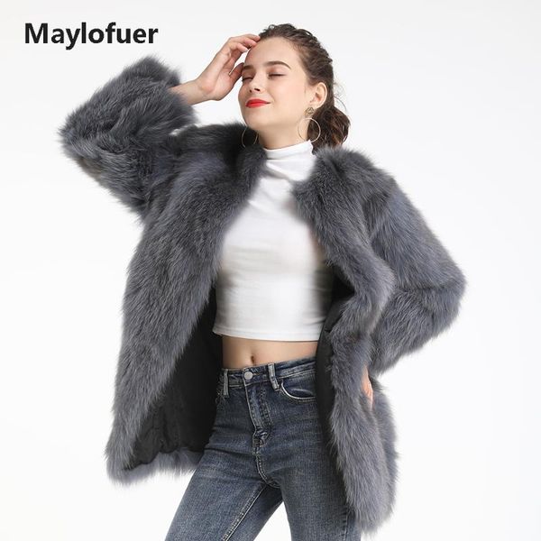 

maylofuer real fox fur coat o-neck women long fur jacket1, Black