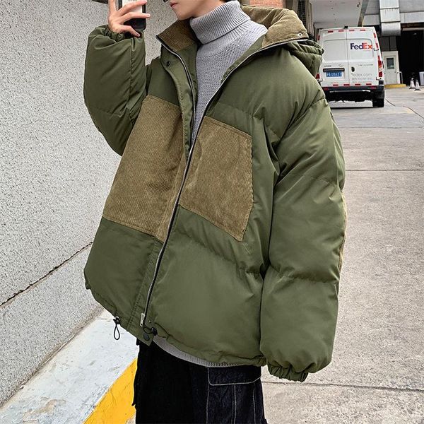 

winter jacket men's warm fashion retro cotton hooded coat men streetwear loose korean padded short coat mens clothes m, Black