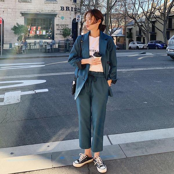 

2021 spring autumn trouser suit female fashionable chic retro double breasted casual business women jacket two-piece suit b29, White