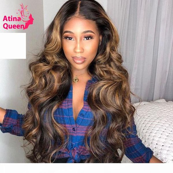 

colored 13x6 highlight lace front human hair wigs women loose wave ombre 360 lace closure wig blonde preplucked remy, Black