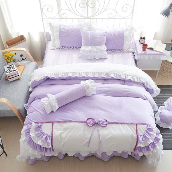 

bow ruffles princess duvet cover bed sheet pillowcases cotton 4/6/8pcs bed set wedding solid color bedding set home textile