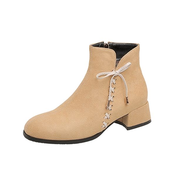 

2021 the new party style round toe a buck ankle fashion tie-up black yellow zipper medium motorcycle heel women's size boots od4i