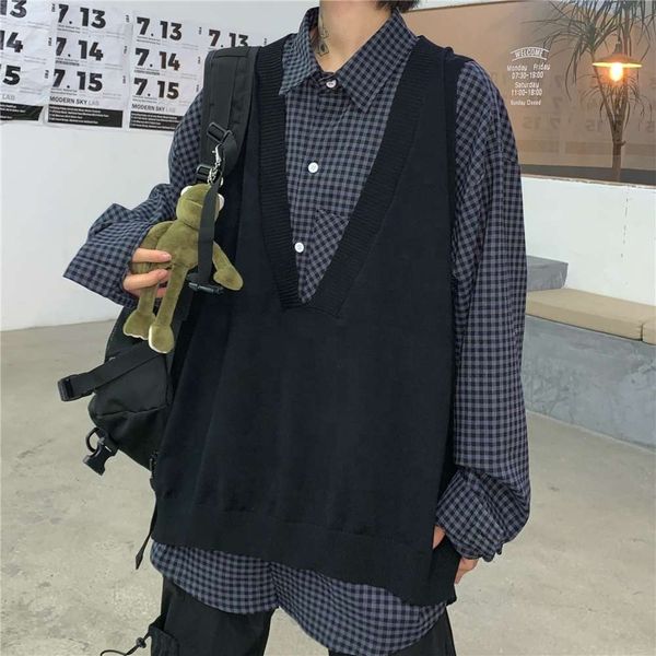

2021v-neck black-gray sweater loose sleeveless thin waistcoat for men and women vest8uy
