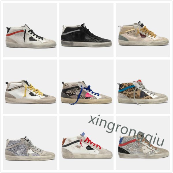 

golden mid-stars high shoe sneakers italy deluxe brand classic white do-old dirty goose designer man women shoes snakeskin print leather, Black