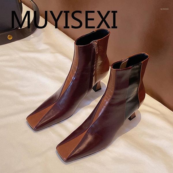 

boots classic elegant genuine leather all-match square toe .5cm high heel zipper beauty lady ankle boot plus size dmj43 muyisexi1, Black