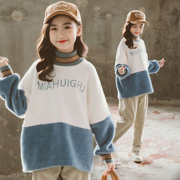 

thickened new girls' wear 2020 sweater plush winter middle and large children's semi high collar top, Black