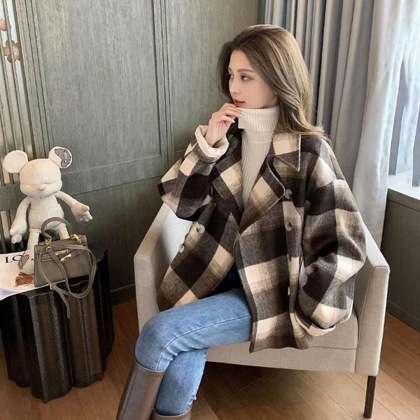 

women's winter fashion retro temperament short loose thick plaid woolen coat female belt wool jacket s-2xl, Black