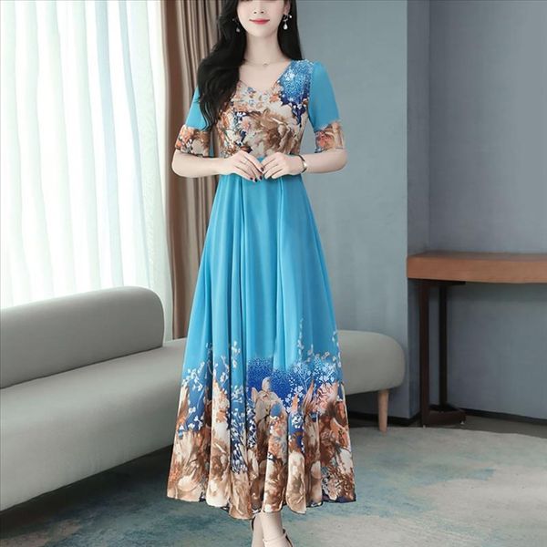 

boho dress women v neck short sleeve long floral print slim a line party dresses loose beach dresses ladies elegant dress, Black;gray