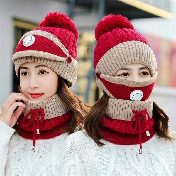 

2020 new 3 pieces set women's knitted hat scarf caps neck warmer winter hat for ladies girls skullies beanies warm fleece caps1, Blue;gray