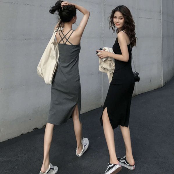 

and autumn french miniskirt crew spring neck cross vt side slit mid length drs, Black;gray