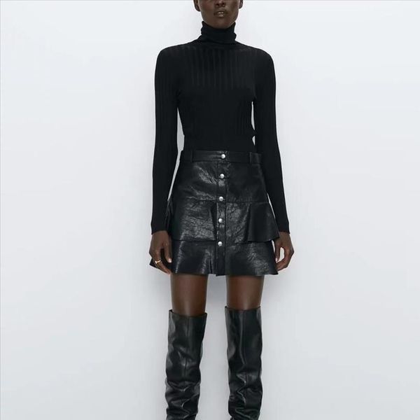 

za 2020 new spring womens black pu faux leather ruffled pleated mini skirt fashion high street casual female woman clothes