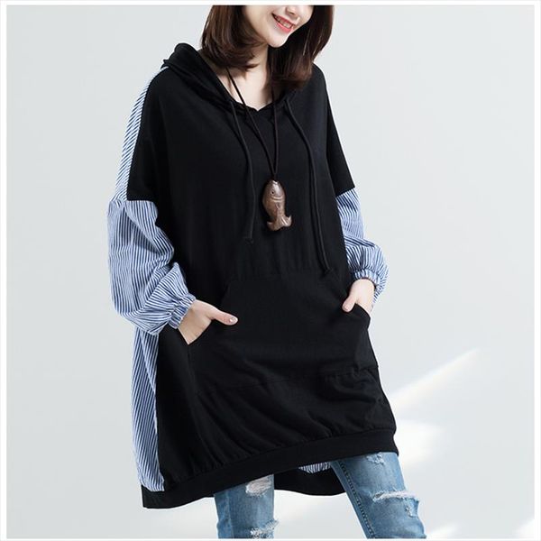 

women spring autumn fashion korea style oversized patchwork stripped hooded sweetshirt female casual knitted office lady clothes, Black