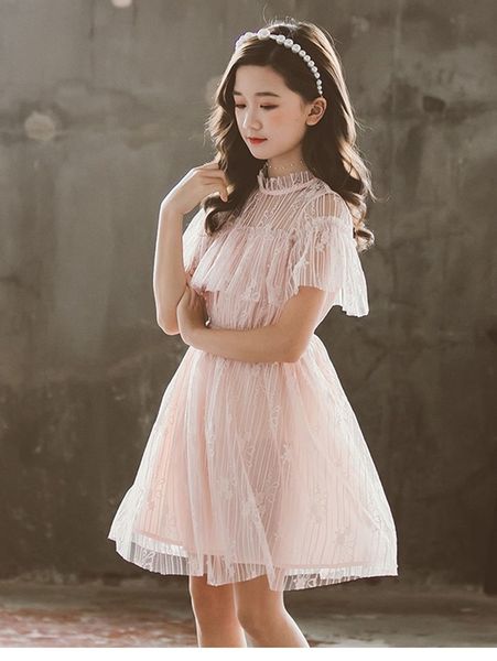 

girls ruffle neck mesh flared dress she, Red;yellow