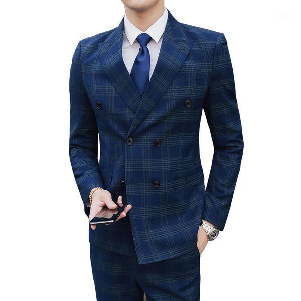 

3pcs ( jacket + vest + pants )mens fashion boutique plaid suit wedding dress groom double-breasted suit men formal business1, White;black