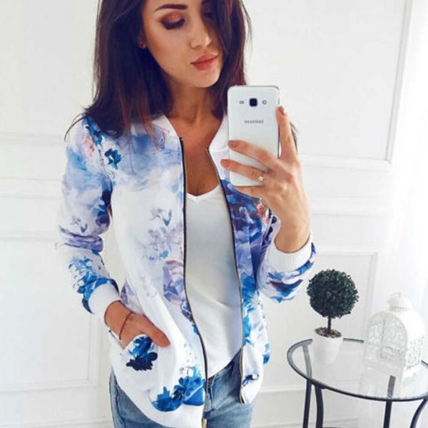 

plus size printed bomber jacket women pockets zipper long sleeve coat female flower chiffon white jacket woman spring 2021, Black;brown