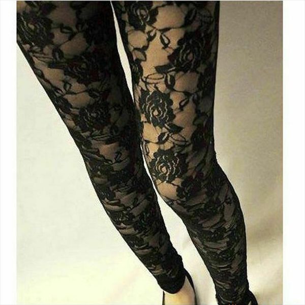 

2020 fashion women girls lace floral print leggings thin high waist lack ankle length hollow out leggings 2 style, Black