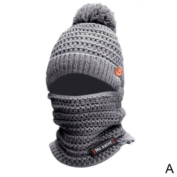 

plush knitted bib one-piece hat women knitted hat warm fur pompom cap skullies beanies for women girls mask hats, Blue;gray