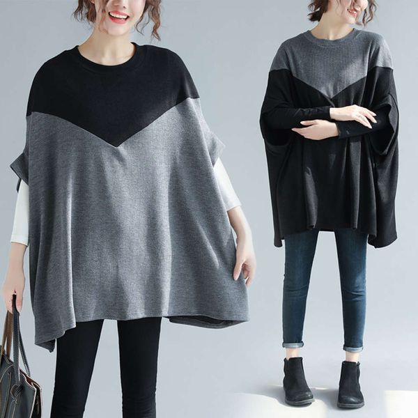 

mm new knitwear autumn winter fat color contrast stitching t-shirt cape women, Black;gray