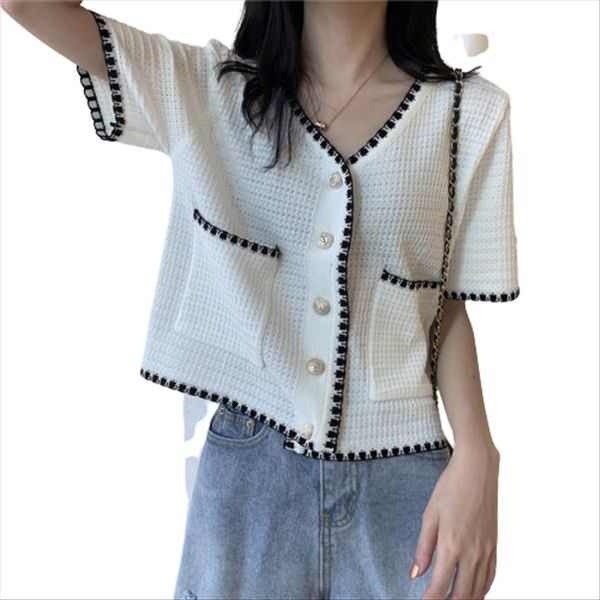 

women knitted short sleeve single breasted buttons thin sweaters cardigans lady knit pockets crop tees for female, White;black