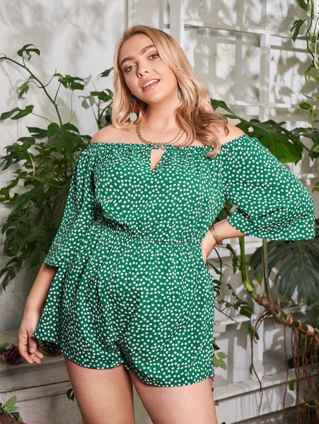 

plus ditsy floral off shoulder romper t0k3#, Black