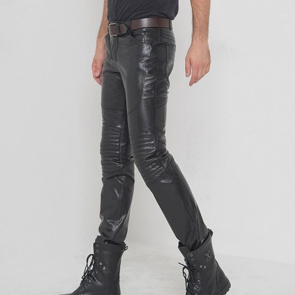 

winter mens windproof motorcycle genuine leather pants casual biker trousers long slim fit bootcut natural cowhide pencil pants1, Black