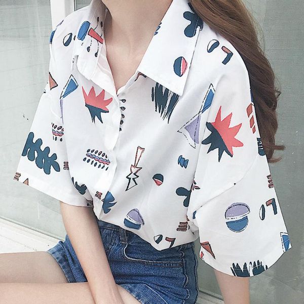 

blouses women summer short sleeve cartoon printed kawaii chic womens shirts turn down collar all match loose harajuku ulzzang bbyidt lg2010, White;black