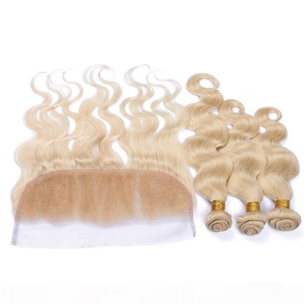 

brazilian #613 blonde human hair 3bundles with 1pc body wave lace frontal 4pcs lot 9a virgin brazilian blonde hair weaves with frontals, Black