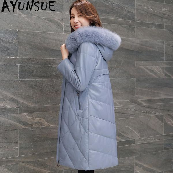 

ayunsue genuine sheepskin coat female fur collar down jacket winter jacket women real leather korean long coats my1, Black