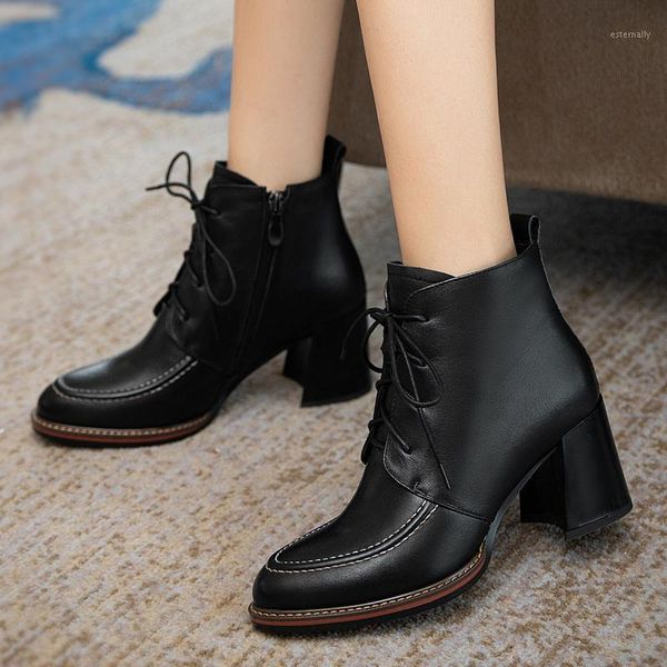

vintage genuine leather boots women autumn winter 2020 women new high heels pumps working party shoes woman1, Black