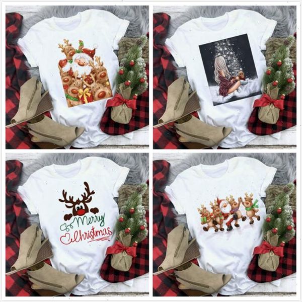 

women fashion christmas t shirt new cute reindeer and santa claus print harajuku short sleeve tshirt female kawaii, White