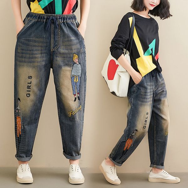 

2021 new women embroidery jeans new spring vintage elastic high waist plus size 4xl denim pants female trousers 4z5c, Black;white