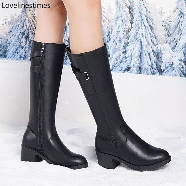 

женская обувь ботфорты женщина 2021 new winter plus velvet черная кожа над коленом сапоги мода толстые пятки женщин обувь, Black