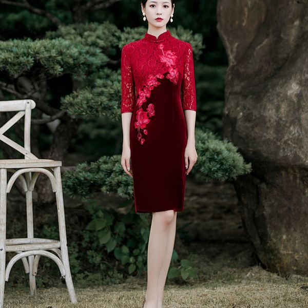 

2020 new velvet medium dress length slim cheongsam dress fashion velvet cheongsam lcljl, Black;gray