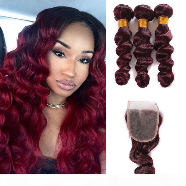 

peruvian virgin hair loose wave 99j brazilian hair 4pcs wine red loose wave virgin 4x4 closure grade 7a burgundy red human weft weaves, Black;brown