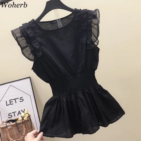 

woherb korean women cotton linen blouse summer tunic loose sleeveless pleated shirt black ruffle blusas mujer clothes 39708 210225, White