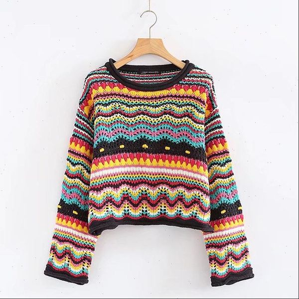 

vintage sweet multicolored yarn short knit sweater 2021 new fashion o neck long sleeve ladies pullovers casual pull femme, White;black