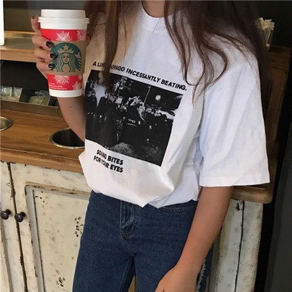 

лето пальто верхнее корейский алфавит печататься свободного дном короткого рукава женщины футболки топа экипажа универсальной футболка 12318, White