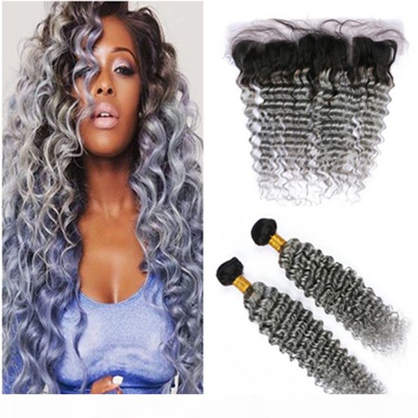 

#1b grey ombre indian virgin human hair weaves 2bundles with 13x4 lace frontal closure deep wave ombre silver grey hair wefts with frontal, Black;brown