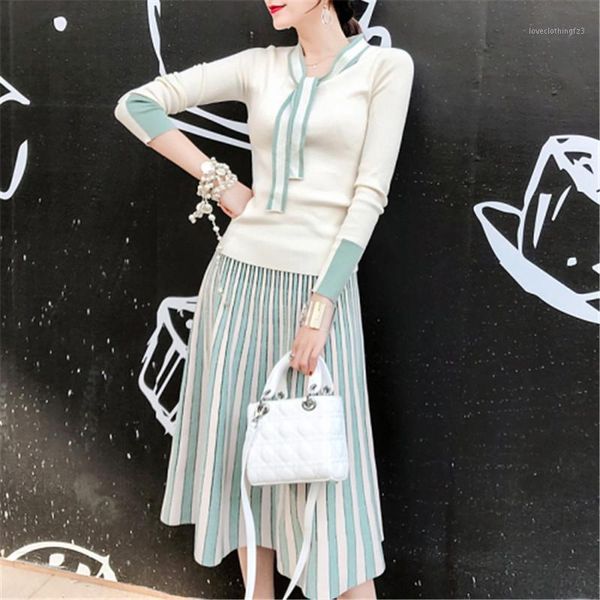 

two piece dress winter bow knot tie knit pullovers sweater shiny striped pleated mid skirt suit women 2 set suit1, White