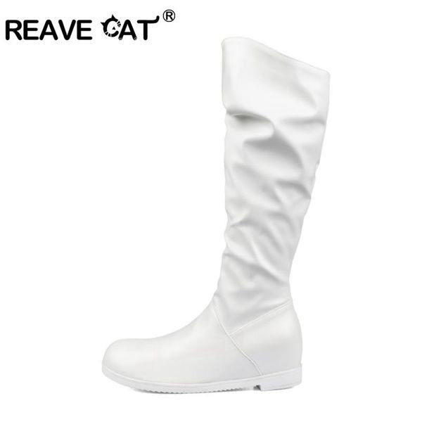 

boots reavecat autumn winter wide leg knee-high pleated round toe 5cm height increasing pu slip-on big size 34-43 work a3195, Black