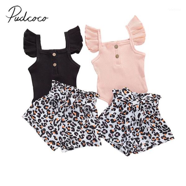 

2020 baby summer clothing 2pcs newborn baby kids girls u-neck sleeve ribbed + leopard print shorts pants outfits1, White