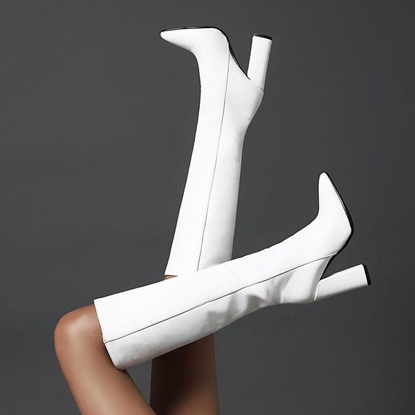 

boots arden furtado 2021 winter fashion pointed toe chunky heels women's shoes black grey white high knee large size