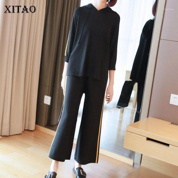 

xitao] 2019 spring summer new arrival women solid color hooded three quarter sleeve t-shirt ankle-length pants twinset wbb29411, White