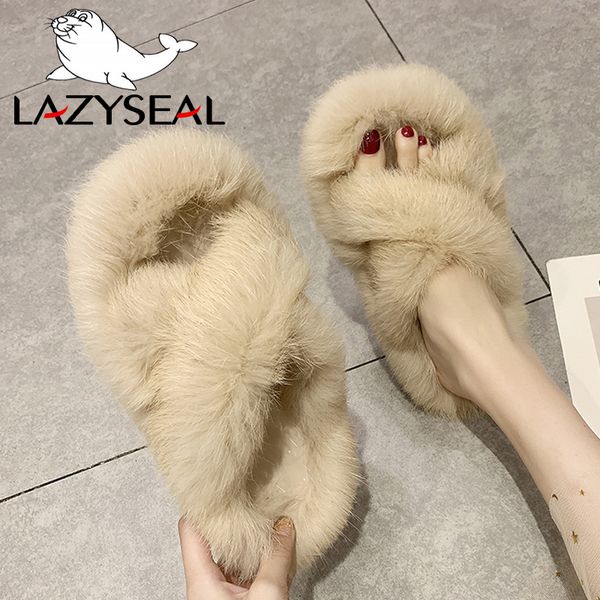 

lazyseal real rabbit fur slippers woman shoes vogue ladies flip flops flat-soled casual plush shoes women's furry indoor slides x1020, Black