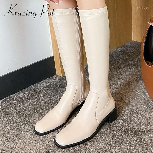 

boots krazing pot plus size square toe med heel winter shoes handmade brand simple solid korean street knee-high l991, Black