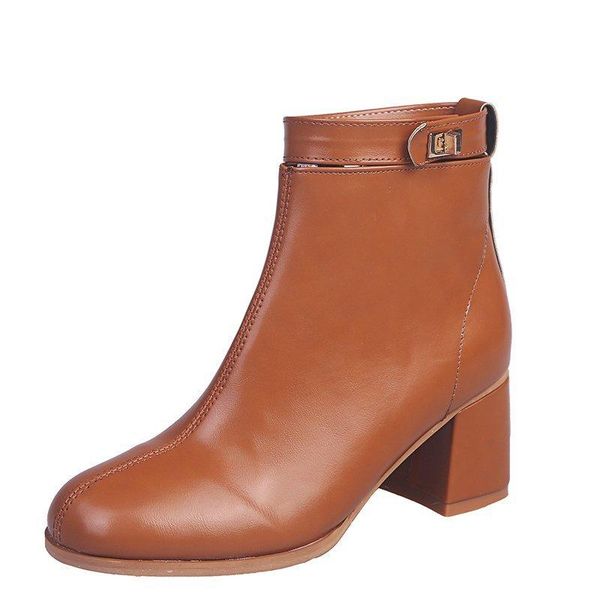 

boots autumn ankle shoes for women square high heels short botines mujer 2021 fashion leather zipper lady booties large size 40, Black