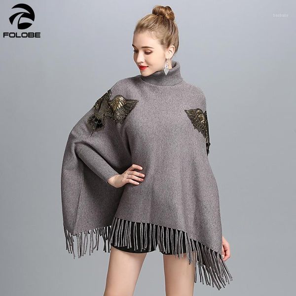 

2020 spring autumn long knitted women appliqued sweater fashion long batwing sleeves high neck stole tassel poncho1, White;black