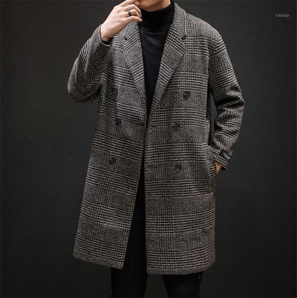 

casual double breasted mens wool overcoat winter jacket men turn-down collar long windproof warm coat1, Black